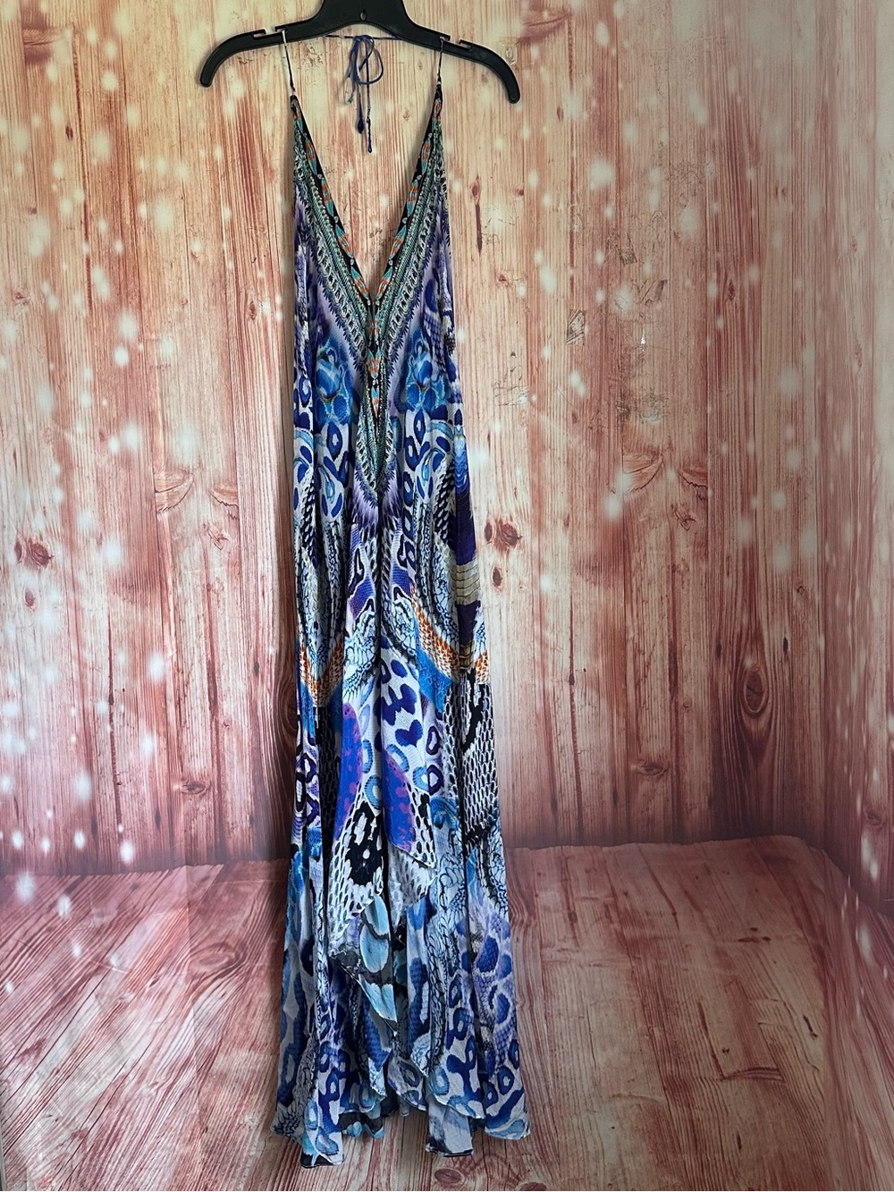 Shahida Parides Deep V Neck Blue Printed High Low Maxi Silk Halter Dress OS